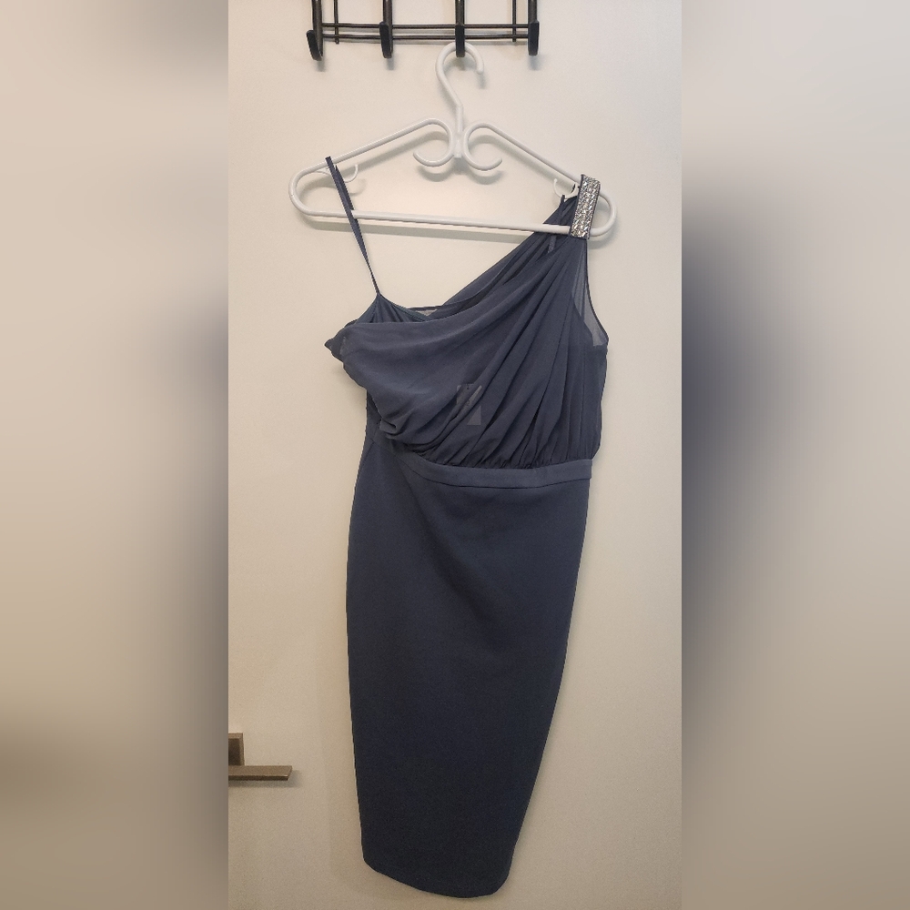 NWT Le Chateau One-Shoulder Dress in Deep Grey Blue. size M